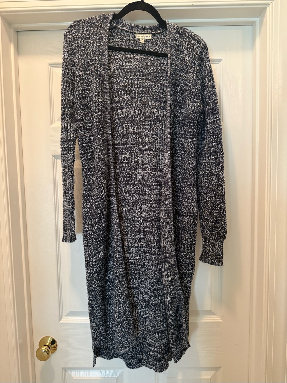 Long Open-Front Knit Cardigan Sweater - Navy/White